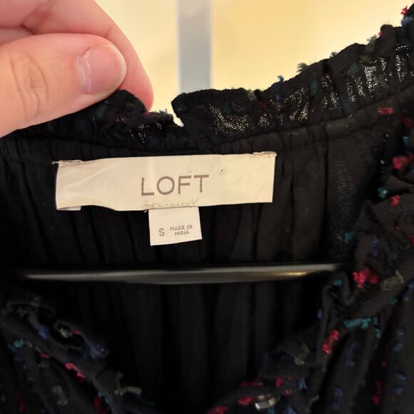 Loft EUC Women's Black Flutter Sleeve Blue Red Swiss Dot A-Line Dress Size S - Picture 4 of 10